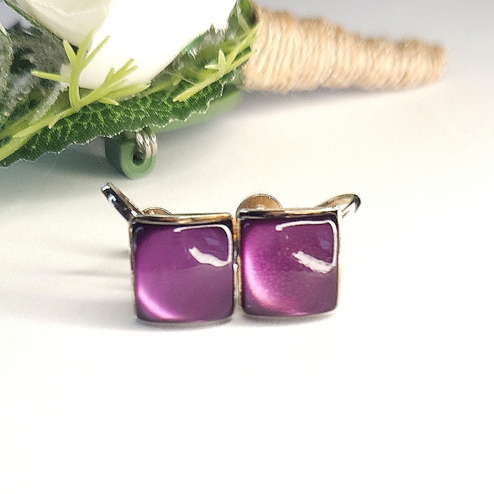 Vintage Gold Plated Purple Lucite Moon Glow Screw Back Earrings